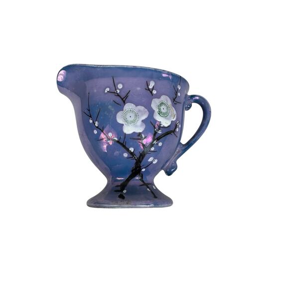 Vintage Hand Painted Purple Iridescent Cherry Blossom Handled Creamer Dish Japan - Picture 2 of 5